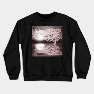 Cherry blossom branch. Full moon on water watercolor landscape illustration Crewneck Sweatshirt